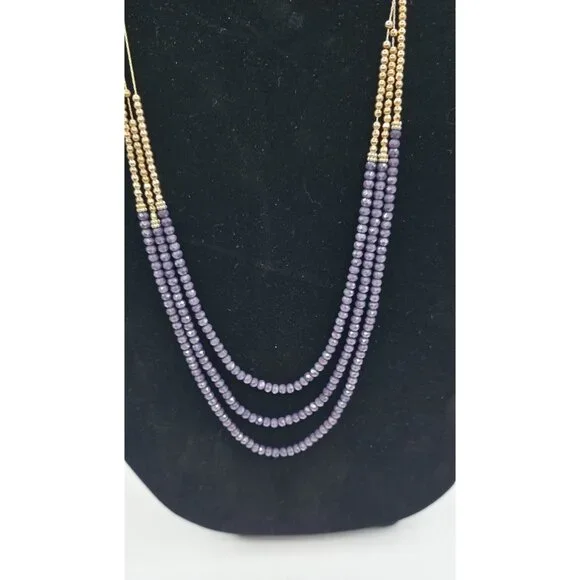 Layered Purple & Gold Beaded Statement Necklace With Elegant Tassel Design - Picture 2 of 5